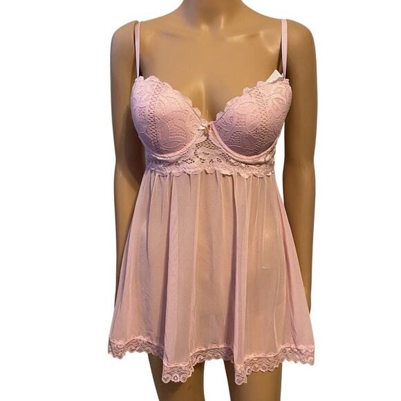New Daisy Fuentes Lingerie Set Babydoll Lace Up Molded Cup Sz M Ballerina Pink - Picture 1 of 8